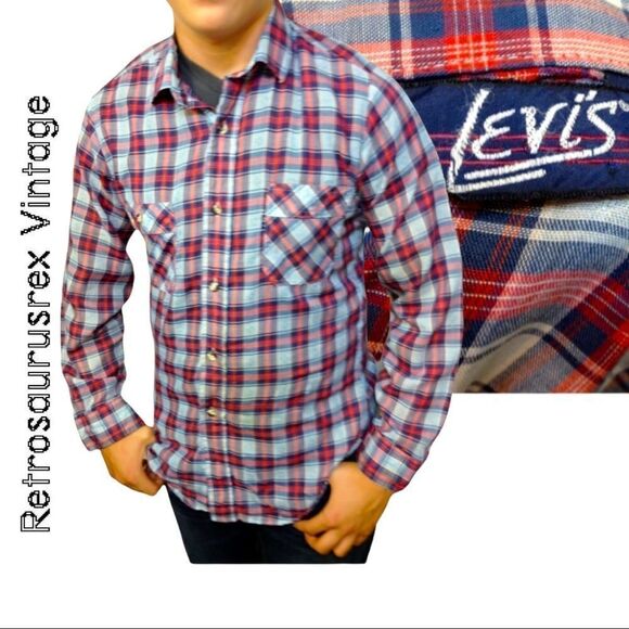 1970'S Levi's Hipster Red and Blue Plaid Button Up Shirt, Vintage Levi's Medium - Picture 1 of 6